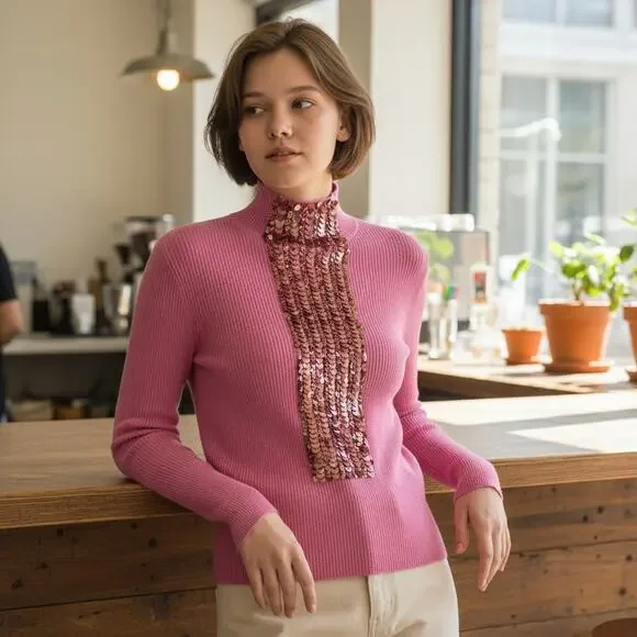 Delpozo Pink Merino Wool Sequin Sweater Size M NWT
